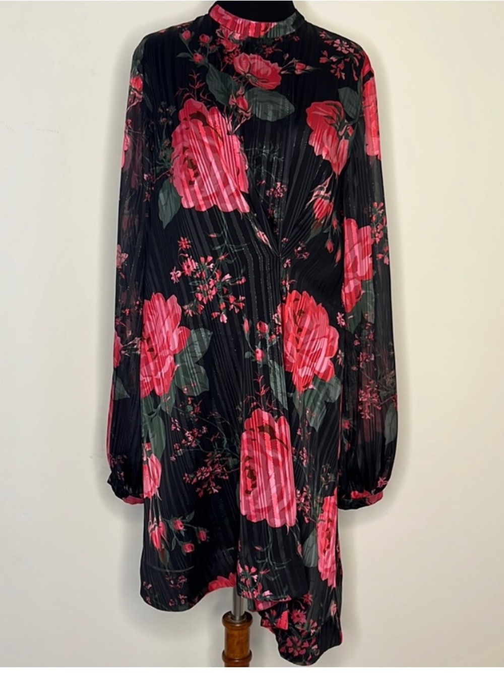 H&M Black Floral Pleated High Neck Dress 12